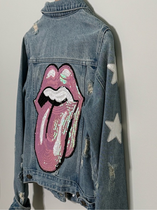 Sojara Jackets & Blazers - Distressed Rolling Stones Inspired+Stars Sequin Sleeve Denim Jacket by Sojara
